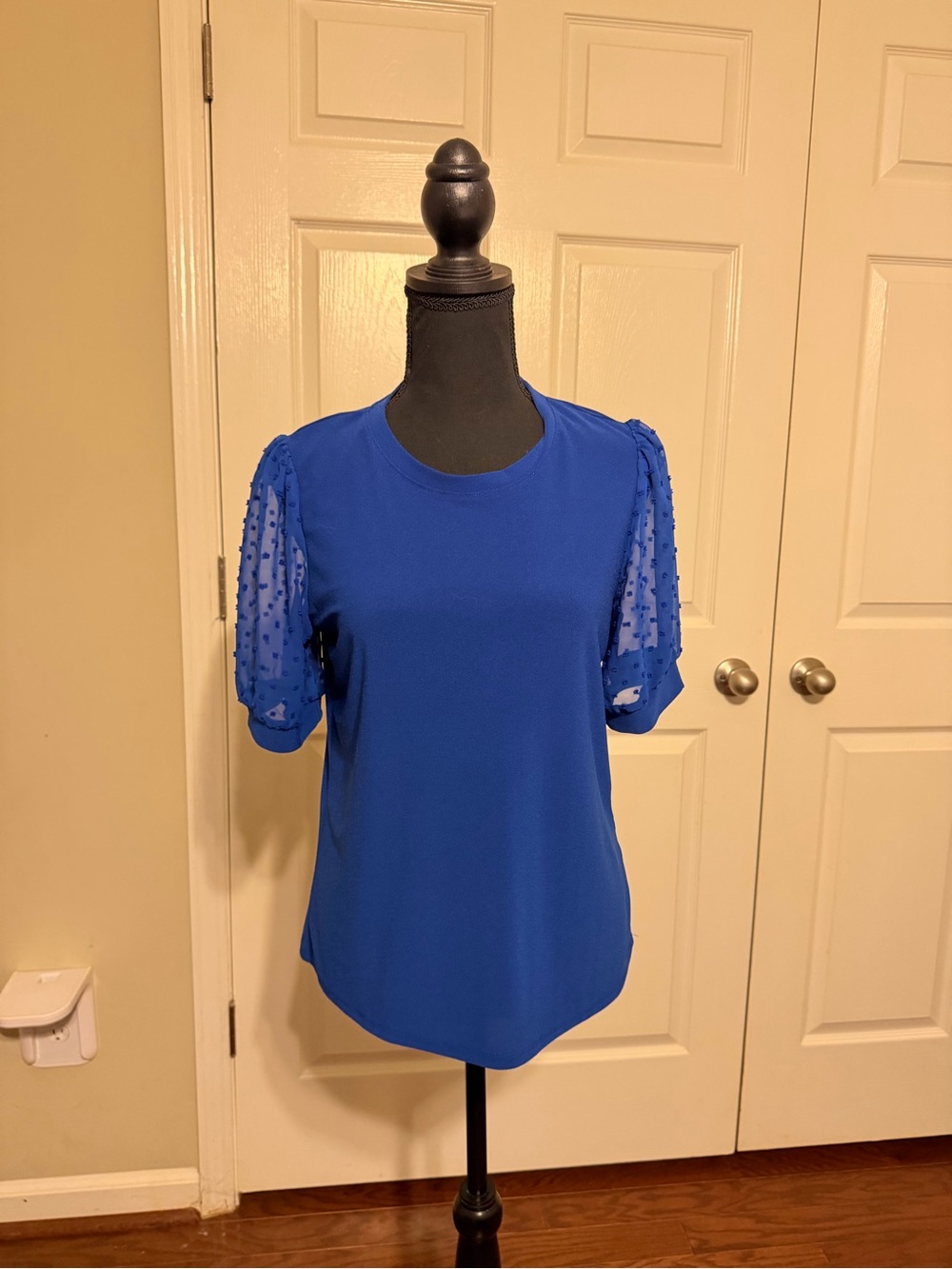 CeCe Royal Blue Short Sleeve Top with Sheer Dot Sleeves bin5